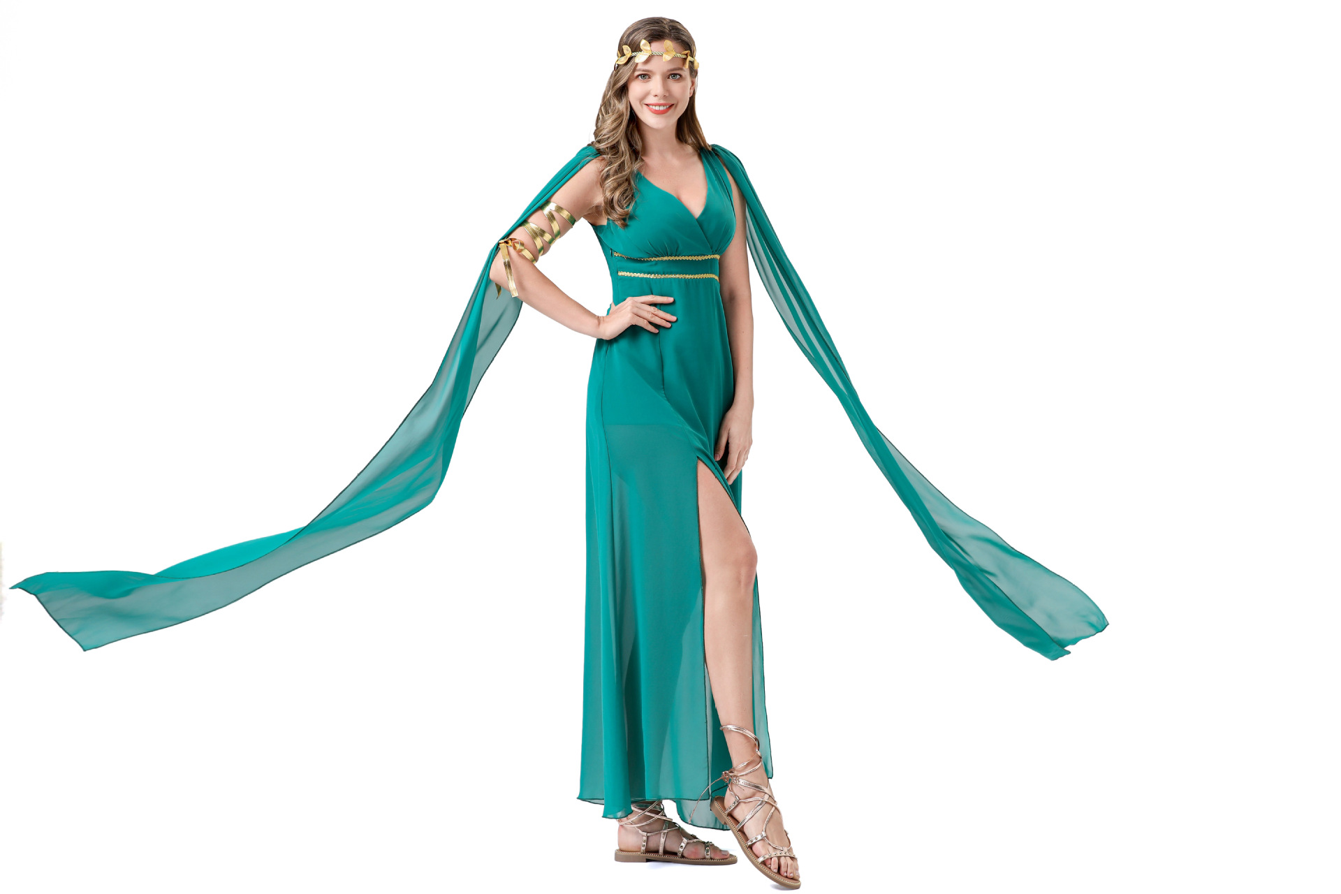 Halloween Cosplay Greek Goddess Dress - Green Chiffon Slit Maxi Gown